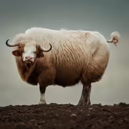a white, woolly animal stands on some brown dirt