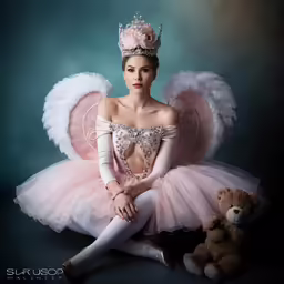 a woman sitting on the ground in pink costume