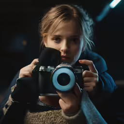 a woman is holding a camera and taking a photo