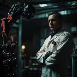 a man is standing with his arms crossed next to a robotic