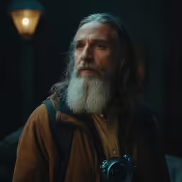 a man with long white hair and beard holding a camera