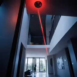 a very dark hallway with a red light on the ceiling