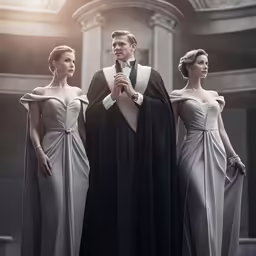 three models standing together wearing long dresses
