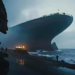 a ship at night, with people on it