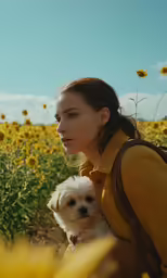 a woman carrying a small white dog next to sunflowers