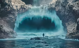 a man standing in front of a massive waterfall