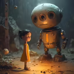 a girl in yellow is next to a robot