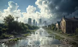 an urban scene with a dirty creek and a few buildings