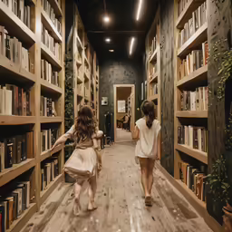 two women are walking through the library with many books