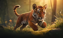 a tiger running through the grass toward a tree