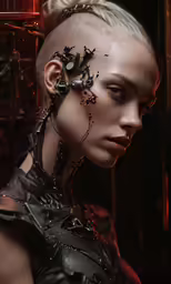 a woman with a mohawk and large tattoo on her head