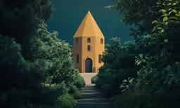 a big house sitting next to green trees