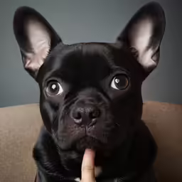 a small black dog with a finger in its mouth