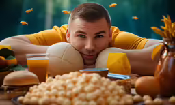 a man is sitting down with breakfast foods