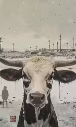 a cow with very long horns standing in a snow covered field