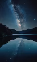 a clear lake and some trees under the night sky