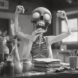 an alien sitting at a table with arms and hands up