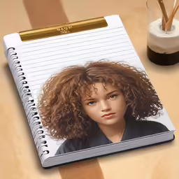 spiral notebook with an image of a woman and a drink