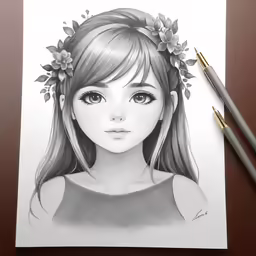 a drawing of a girl with a headband of flowers in her hair