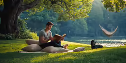 a man sitting in the grass reading a book next to a dog and a hammock
