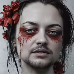 man with bleeding face and flower in hair