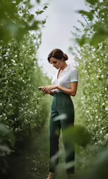 a woman in a white shirt and green pants looking at her phone