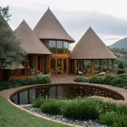 a house is shown with small, rounded roofed houses in the background