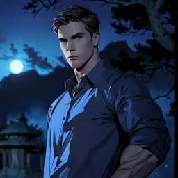 the young man is standing in front of the full moon