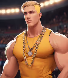a character dressed in gold is standing with his hand on his hip,a man with chains and wearing a yellow shirt