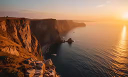 an aerial photo of the sunset with cliffs on the sea shore