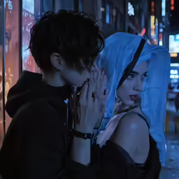 two people that are in front of a wall