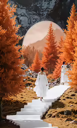 an art work shows a girl dressed in white walking down a flight of steps