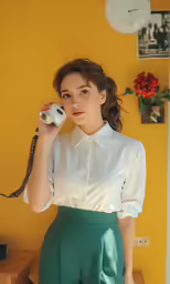 a woman holding a phone next to her head in front of a yellow wall