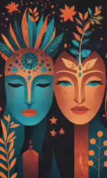 two women with feathers and leaves on their heads