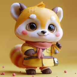 an animated pandabe with an orange scarf and scarf on,an orange panda bear doll dressed in yellow