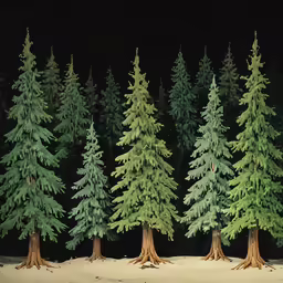 several trees in snow covered area at night