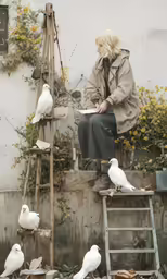 woman sitting on ladder near flock of birds