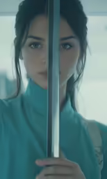 a woman with a sword and looking at the camera