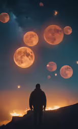 a person is looking at many moon shapes