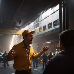 a man in a yellow shirt is on the street