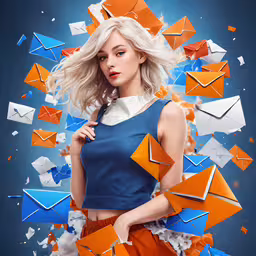 a woman in a blue and orange dress and orange earrings,an advertisement featuring a young woman surrounded by colorful envelopes