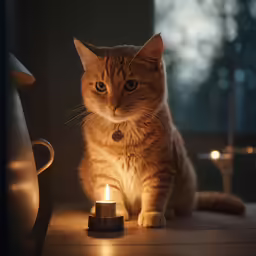 a cat sits on a table with a lit candle in front of it