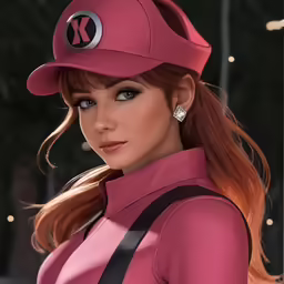 a female character wearing a pink helmet