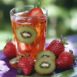 a glass filled with a beverage next to strawberries