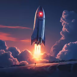 a very tall rocket flying over the clouds