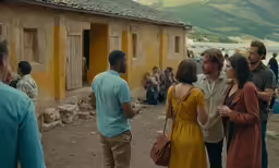 a group of people are standing outside of a yellow building