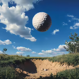 a golf ball flies over a hole in the grass
