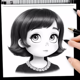 hand drawing of a doll with black hair and a necklace