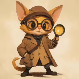 a cat wearing glasses and a trencher, holding a magnifying glass
