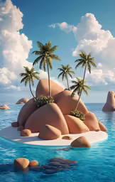 two palm trees standing on some very strange rocks